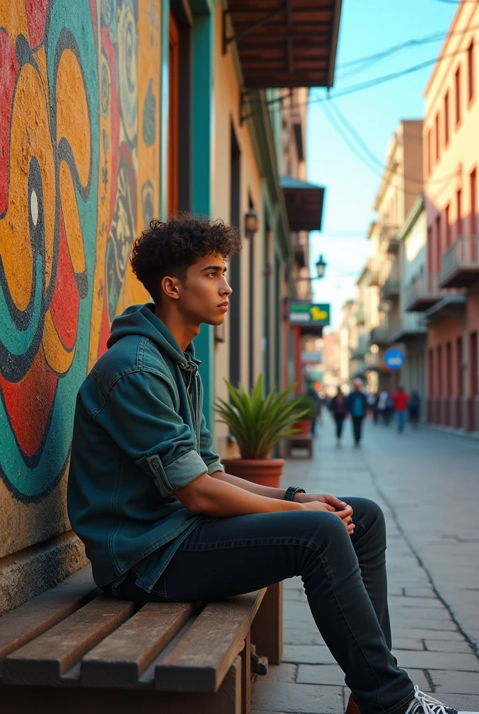 Young man looking at colorful old mural sitting on a bench