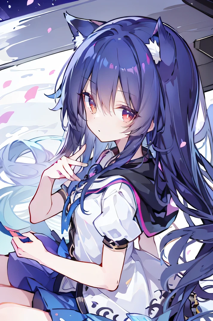 (masterpiece:1.2),Super detailed,lifelike,Expressive eyes,fair skin,perfect face shape,1 girl,
Japanese comics,Gorgeous blue hair,flowing blue hair,flowing clothes,Cat ears,Petals fall,beautiful lola,Baby Angel,
Shaking head with one hand,Cross your legs,Gentle and peaceful background,The pavilion is cool and comfortable,smile, wearing hoodie, background of tokyo,back views,snowing, winter,lie on the water. (Best Quality: 1.3), (Masterpiece: 1.3), (Illustration: 1.3), (Ultra Detailed: 1.3), (Imide Lens: 0.9), 1girl, Medium Breasts, Purple Eyes, ((Dark Blue Hair) ), hair accessories, young, clothing-gladiia, long hair, dark blue hair, indoors, black shorts, high socks, low ponytail, expressionless, upper body, close-up, coat, skirt,