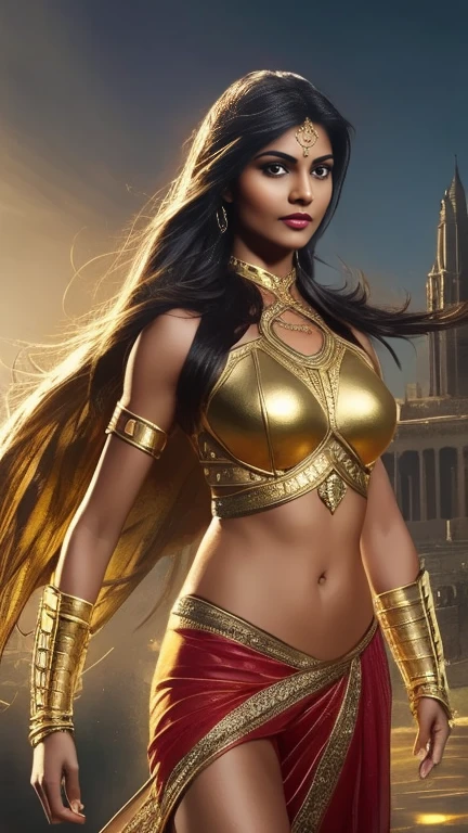 A beautiful Indian woman superhero, long dark hair, piercing eyes, high cheekbones, big breast, detailed facial features, intricate body armor with gold accents, holding a golden lasso, flying through the sky, dramatic lighting, cinematic composition, vibrant colors, epic fantasy, concept art style