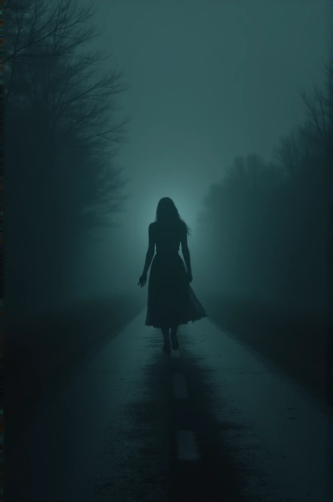 : A shadowy figure at the edge of the road, partially obscured by darkness. As Ramesh gets closer, the figure begins to morph into a ghostly woman, with only a vague outline of her form visible. The atmosphere should be thick with tension and mystery.