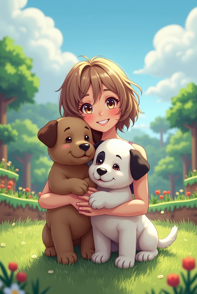 I want a souvenir photo, Of my two puppies, one was a year and a half old and brown, and the other was 2 months old and white with black spots., together with me, 21 year old woman, light brunette, small hair, that looks like behind a Minecraft sale, Let us see a landscape behind us, that it is style like anime