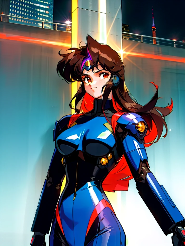 Kenichi Sonoda, retro art-style, 90s Japanese Anime Style, "bubblegum crisis", Sci-fi, Cyberpunk, Neon, (Amid the neon-soaked skyline of towering skyscrapers in mega Tokyo, 20-year-old anime beauty Priss stands alone on a gleaming skyscraper spire, bathed in the dazzling glow of the full moon. Her striking features are accentuated by a dark blue metal hard suit adorned with vibrant orange lines inspired by Syd Mead's industrial machine designs. Her brown medium-length hair frames her piercing gaze while she flashes a confident smile at the viewer. With fearless determination etched on her face, Priss is imposing and her entire presence exudes an aura of cool, stylish elegance. The smooth curves of her shadow, backlit by the moon, create a captivating silhouette, showcasing her unparalleled charm. (She takes off her uncomfortable full-face headset and lets her hair flow freely in the cool night breeze.), A beauty under the watchful eye of the city's towering skyscrapers.), 1girl, solo, The main character, "Priss", 20yo, anime beauty, Cool beauty, Unparalleled beauty, Brown medium length hair, forehead, red eyes, Cold and sharp eyes, harsh brushstrokes, dramatic lighting, A dark blue metal hard suit with orange lines has a sophisticated design, fearless look, an expression of ridicule, smile, Standing alone in the backlight, she looks cool and stylish, Standing, (looking at viewer), Extreme close-up photography of upper body, from below, Depth of field, character focus, (masterpiece, Award-winning work, extreme quality, ultra high definition, all intricate, overall detailed, very aesthetic, boast pompously, focus on entire screen, asymmetrical, raytraced, caustics, textile shading, incredibly absurd resolution, absolutely resolution, ultra high resolution, professional, vivid colors, 16k, perfect anatomy, ideal facial features, Beautifully detailed face, Beautifully detailed eyes, ideally proportioned figure, perfectly beautiful body),
