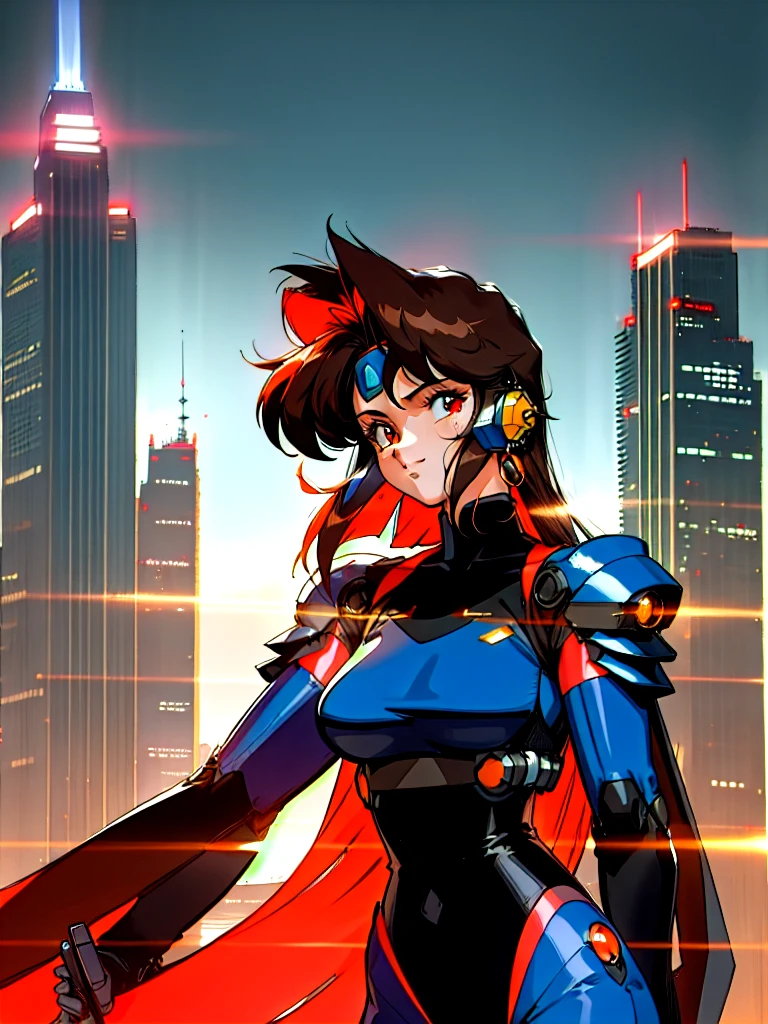 Kenichi Sonoda, retro art-style, 90s Japanese Anime Style, "bubblegum crisis", Sci-fi, Cyberpunk, Neon, (Amid the neon-soaked skyline of towering skyscrapers in mega Tokyo, 20-year-old anime beauty Priss stands alone on a gleaming skyscraper spire, bathed in the dazzling glow of the full moon. Her striking features are accentuated by a dark blue metal hard suit adorned with vibrant orange lines inspired by Syd Mead's industrial machine designs. Her brown medium-length hair frames her piercing gaze while she flashes a confident smile at the viewer. With fearless determination etched on her face, Priss is imposing and her entire presence exudes an aura of cool, stylish elegance. The smooth curves of her shadow, backlit by the moon, create a captivating silhouette, showcasing her unparalleled charm. (She takes off her uncomfortable full-face headset and lets her hair flow freely in the cool night breeze.), A beauty under the watchful eye of the city's towering skyscrapers.), 1girl, solo, The main character, "Priss", 20yo, anime beauty, Cool beauty, Unparalleled beauty, Brown medium length hair, forehead, red eyes, Cold and sharp eyes, harsh brushstrokes, dramatic lighting, A dark blue metal hard suit with orange lines has a sophisticated design, fearless look, an expression of ridicule, smile, Standing alone in the backlight, she looks cool and stylish, Standing, (looking at viewer), Extreme close-up photography of upper body, from below, Depth of field, character focus, (masterpiece, Award-winning work, extreme quality, ultra high definition, all intricate, overall detailed, very aesthetic, boast pompously, focus on entire screen, asymmetrical, raytraced, caustics, textile shading, incredibly absurd resolution, absolutely resolution, ultra high resolution, professional, vivid colors, 16k, perfect anatomy, ideal facial features, Beautifully detailed face, Beautifully detailed eyes, ideally proportioned figure, perfectly beautiful body),