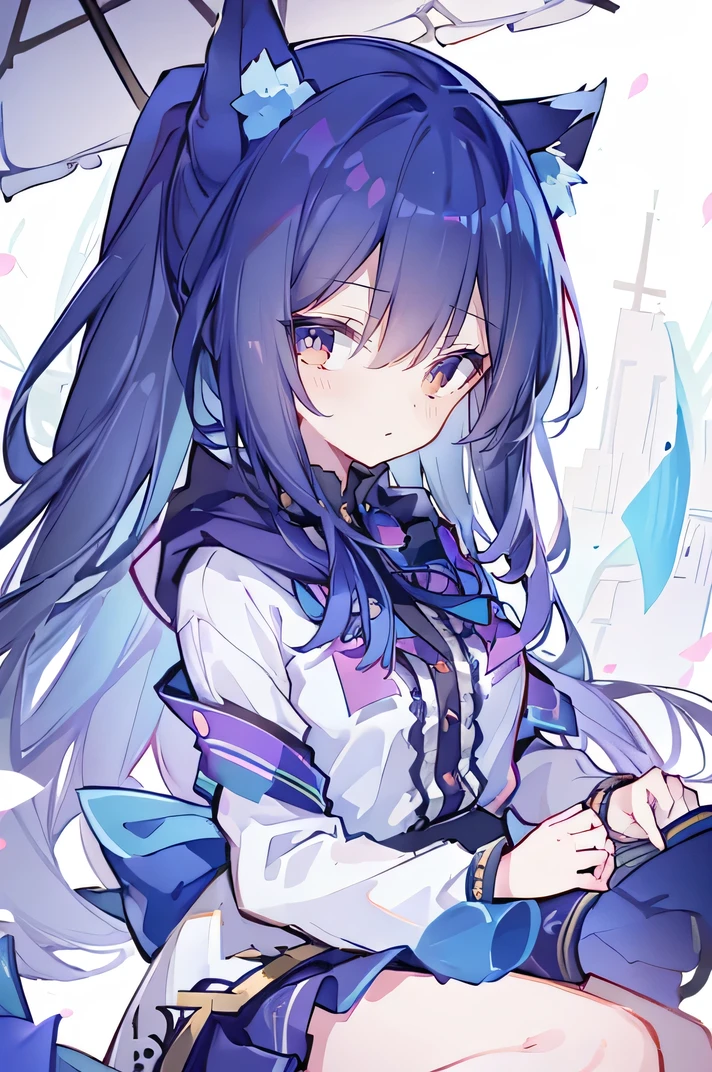 (masterpiece:1.2),Super detailed,lifelike,Expressive eyes,fair skin,perfect face shape,1 girl,
Japanese comics,Gorgeous blue hair,flowing blue hair,flowing clothes,Cat ears,Petals fall,beautiful lola,Baby Angel,
Shaking head with one hand,Cross your legs,Gentle and peaceful background,The pavilion is cool and comfortable,smile, wearing hoodie, background of tokyo,back views,snowing, winter,lie on the water. (Best Quality: 1.3), (Masterpiece: 1.3), (Illustration: 1.3), (Ultra Detailed: 1.3), (Imide Lens: 0.9), 1girl, Medium Breasts, Purple Eyes, ((Dark Blue Hair) ), hair accessories, young, clothing-gladiia, long hair, dark blue hair, indoors, black shorts, high socks, low ponytail, expressionless, upper body, close-up, coat, skirt,