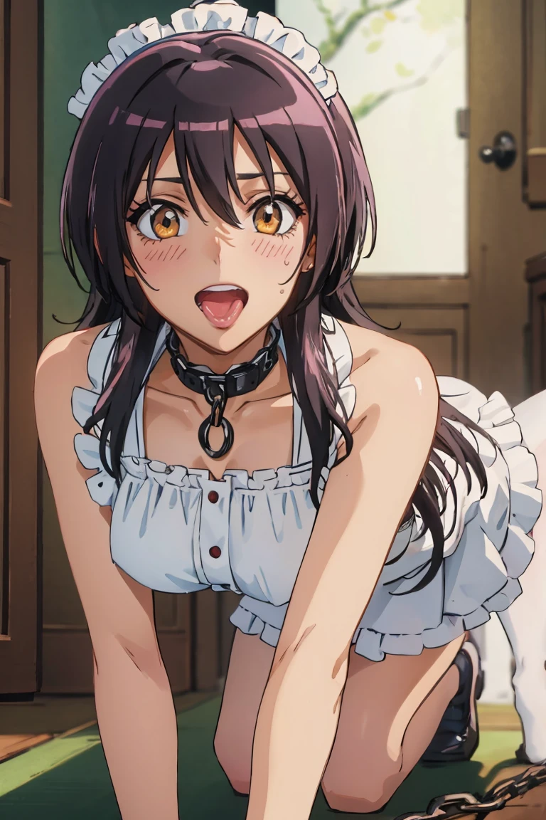 (Very detailed CG ユニティ 4k 壁紙),(masterpiece),(Highest quality),(Very detailed),(Best illustrations),(Best Shadow),(Absurd),(Detailed Background), Misaki Ayuzawa, One person, alone, Maid clothes, Day, Black Hair, Long Hair (((black blindfold))), (((Chain Lead、Animal Collars, chain leash, collar, viewer holding leash, medium breasts, On all fours, Put your hands together))), (((open mouth, tongue out, stick out tongue, long tongue, full face blush, sexual ecstasy smile, fucked silly, vulgarity))), perfect female body, maid headdress,