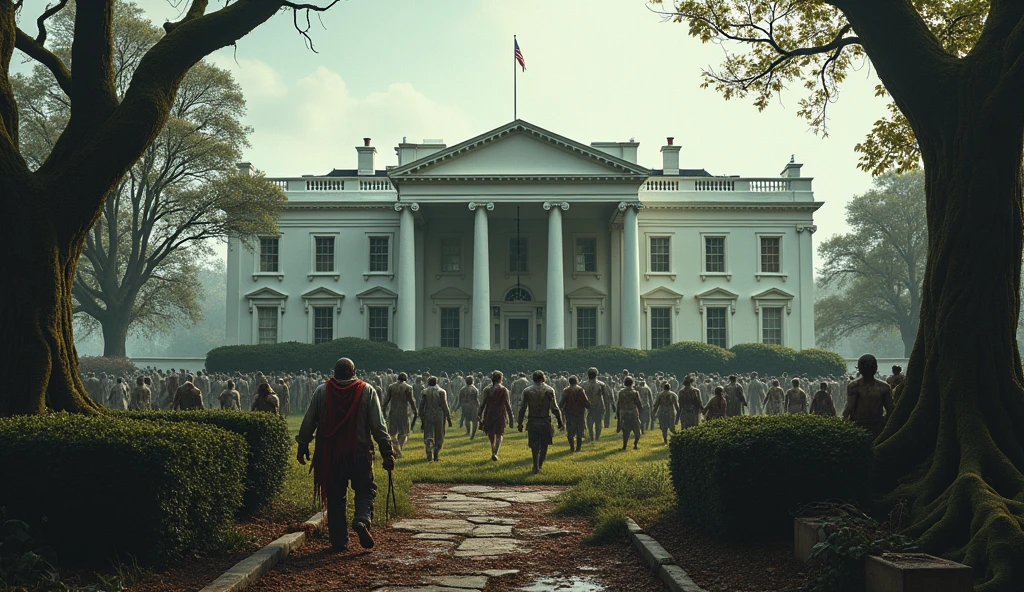 Describe the American white house, filled with zombies, add mossy buildings and creeping roots