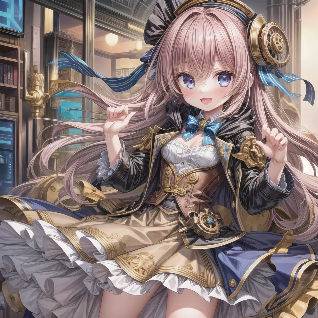 1girl, solo, smile,steampunk,, masterpiece, best quality:1.4,high quality, detailed,