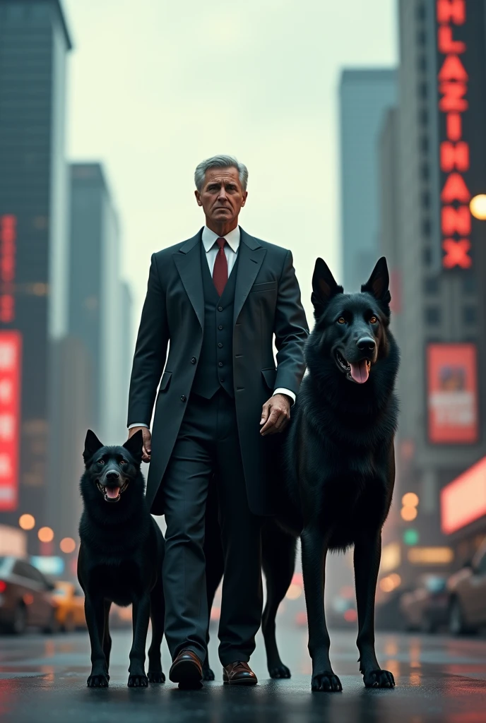 A man with a black dog at his side