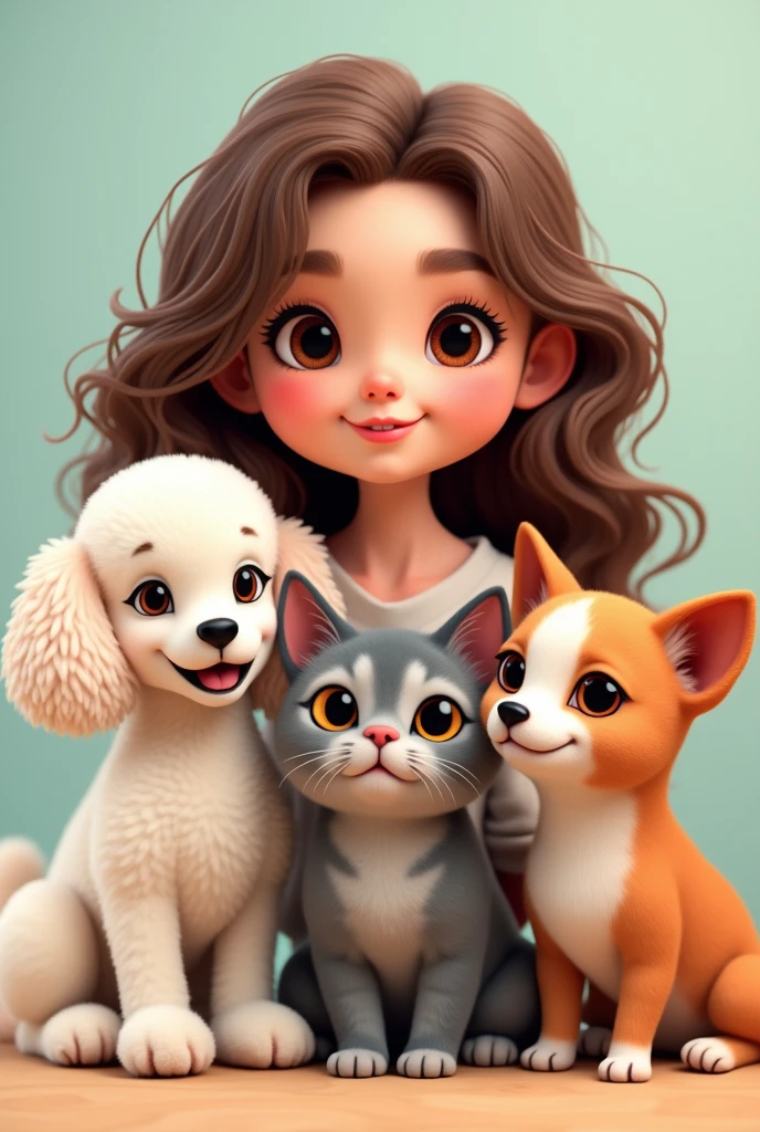First put a 23 year old girl with brown wavy hair combed to one side, slightly broad forehead and large brown eyes, Medium mouth with the lower lip slightly larger than the upper lip, chubby with slightly pink cheeks and short neck, with a wide texture; Second, put a white but flat poodle with ears that go from white to very light brown.; Third, put a light gray cat with white that goes from the eyes like a line and expands throughout the snout., with a pink nose and not so clear green eyes; Fourth, put a small, short-haired, white Chihuahua with only one eye and a brown circle around the eye.