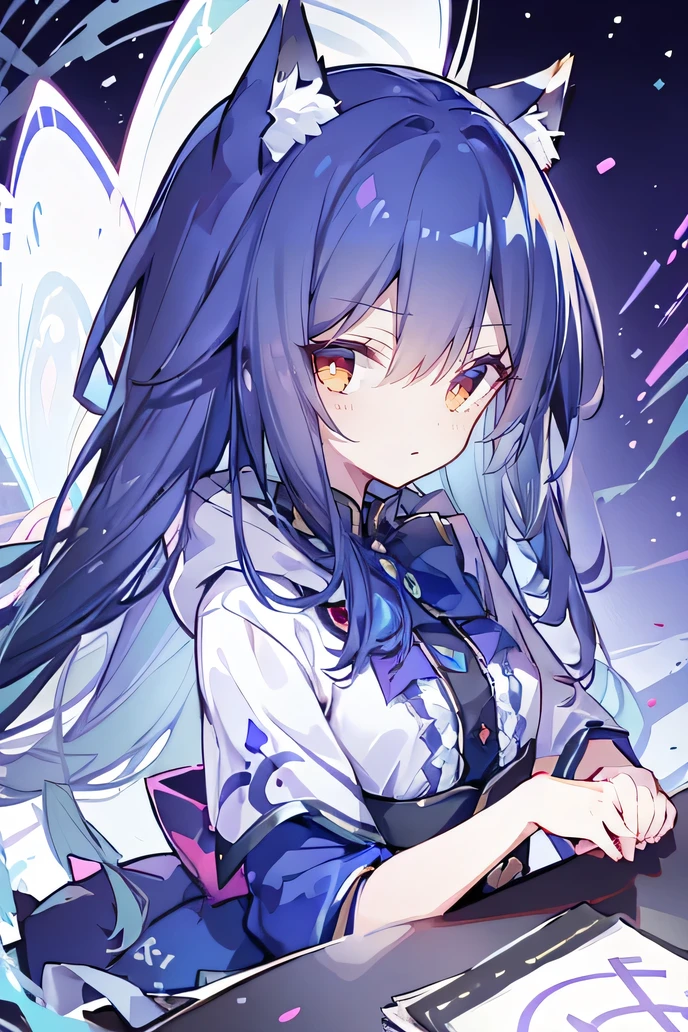 (masterpiece:1.2),Super detailed,lifelike,Expressive eyes,fair skin,perfect face shape,1 girl,
Japanese comics,Gorgeous blue hair,flowing blue hair,flowing clothes,Cat ears,Petals fall,beautiful lola,Baby Angel,
Shaking head with one hand,Cross your legs,Gentle and peaceful background,The pavilion is cool and comfortable,smile, wearing hoodie, background of tokyo,back views,snowing, winter,lie on the water. (Best Quality: 1.3), (Masterpiece: 1.3), (Illustration: 1.3), (Ultra Detailed: 1.3), (Imide Lens: 0.9), 1girl, Medium Breasts, Purple Eyes, ((Dark Blue Hair) ), hair accessories, young, clothing-gladiia, long hair, dark blue hair, indoors, black shorts, high socks, low ponytail, expressionless, upper body, close-up, coat, skirt,