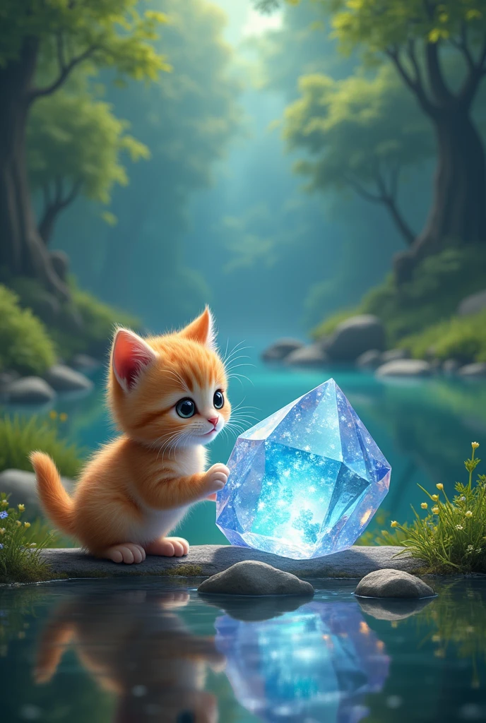 A cute kitten and a big sparkling crystal by a lake in the forest