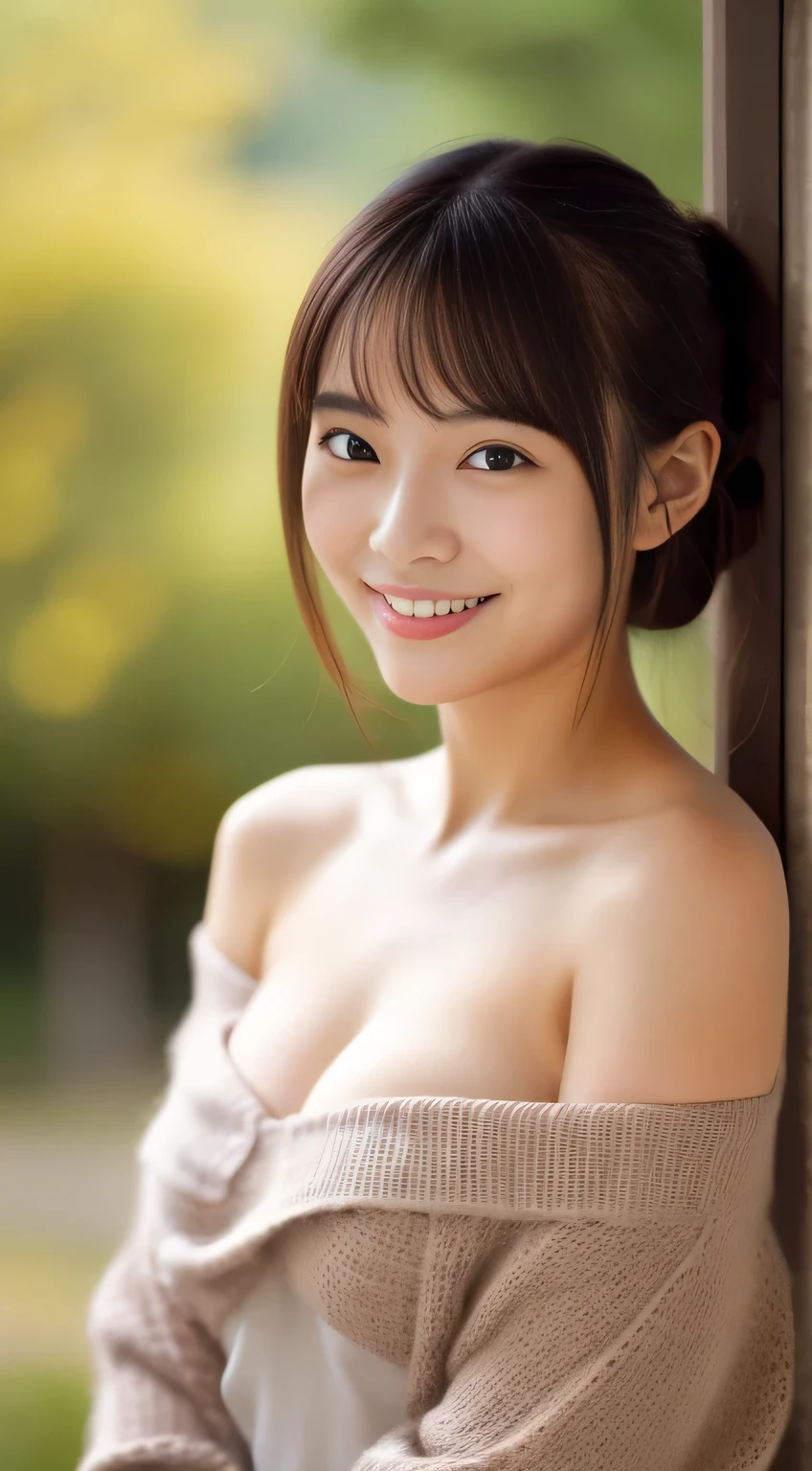 masterpiece,best quality,(Japanese girl),((Beautiful girl)),cleavage,(off shoulder:1.2),(perfect body beauty:1.2),(shy smile)