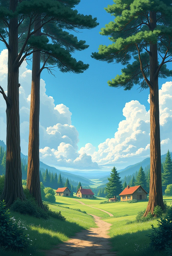 landscape with tall pine trees and some small homely houses on the horizon