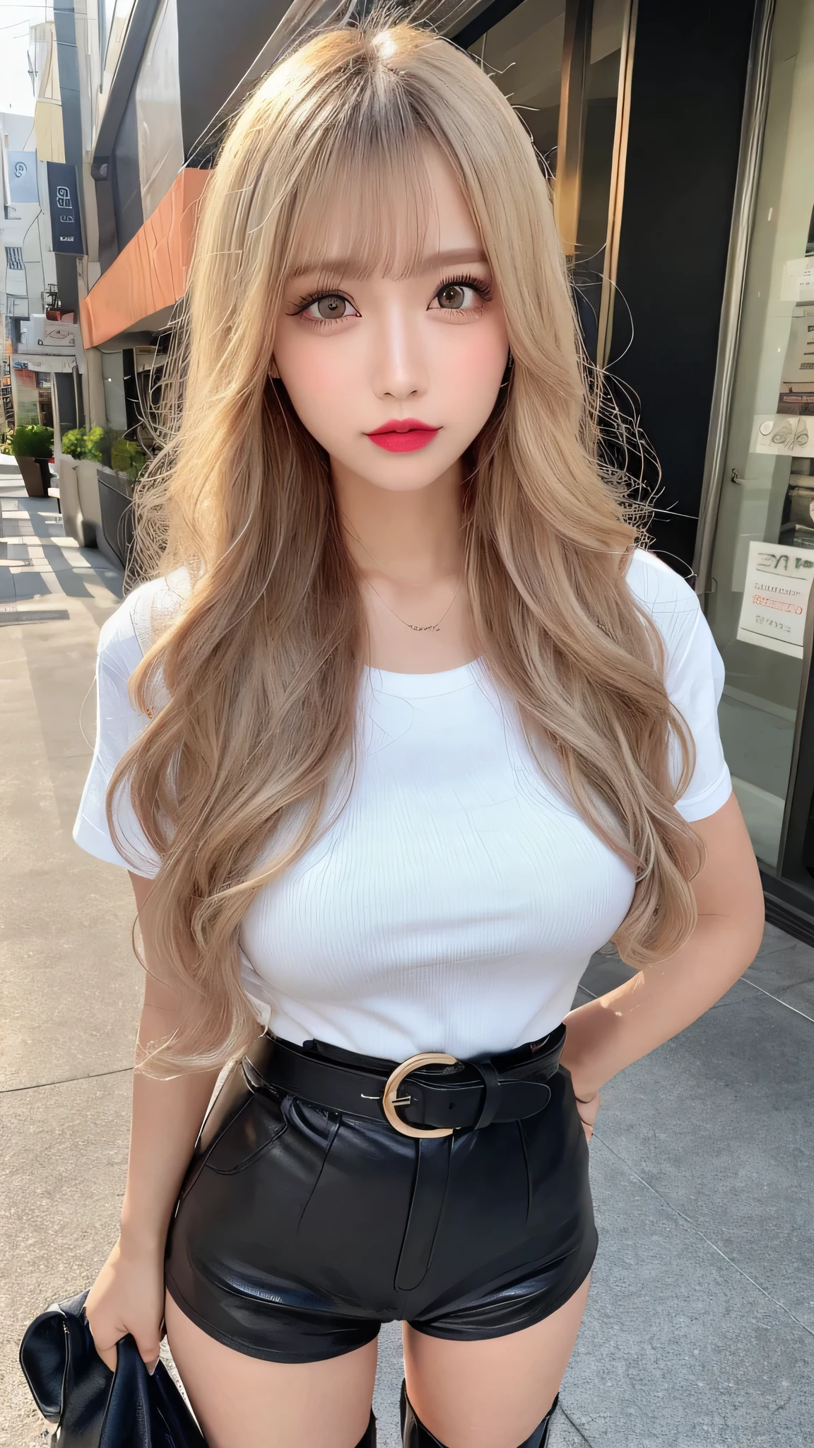 masterpiece, best quality, hyper detailed、High resolution、Blonde Hair、Light Hair Color、Tanned hair、sexy、Thin legs、Beautiful eyelashes、20-year-old、 Highest quality、Very detailed、Finer details、8k wallpaper、Beautiful eyes in every detail、Natural lip color、long hair、wave hair、Cute face、Accentuate your breasts、thigh boots、Pichi Pichi costume、Plain T-shirt、Leather shorts、Shopping Centre、Standing posture、bag、Emphasize the lines of the body、erect nipples、looking at viewer、clothed、belt