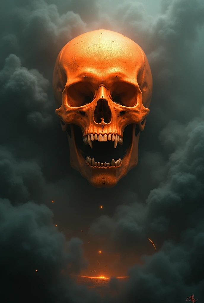 Orange skull without lower jaw and dark fog surrounding it with "Kalki Connects" written on it