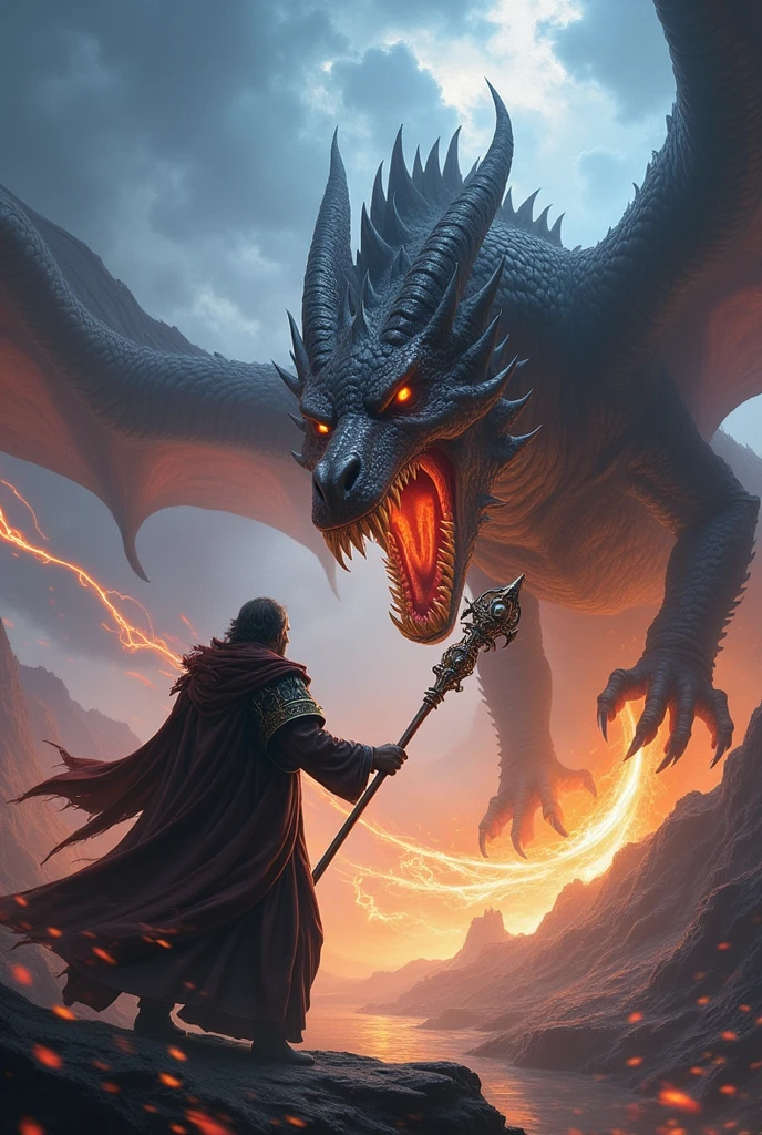 a mighty mage fighting a mighty dragon