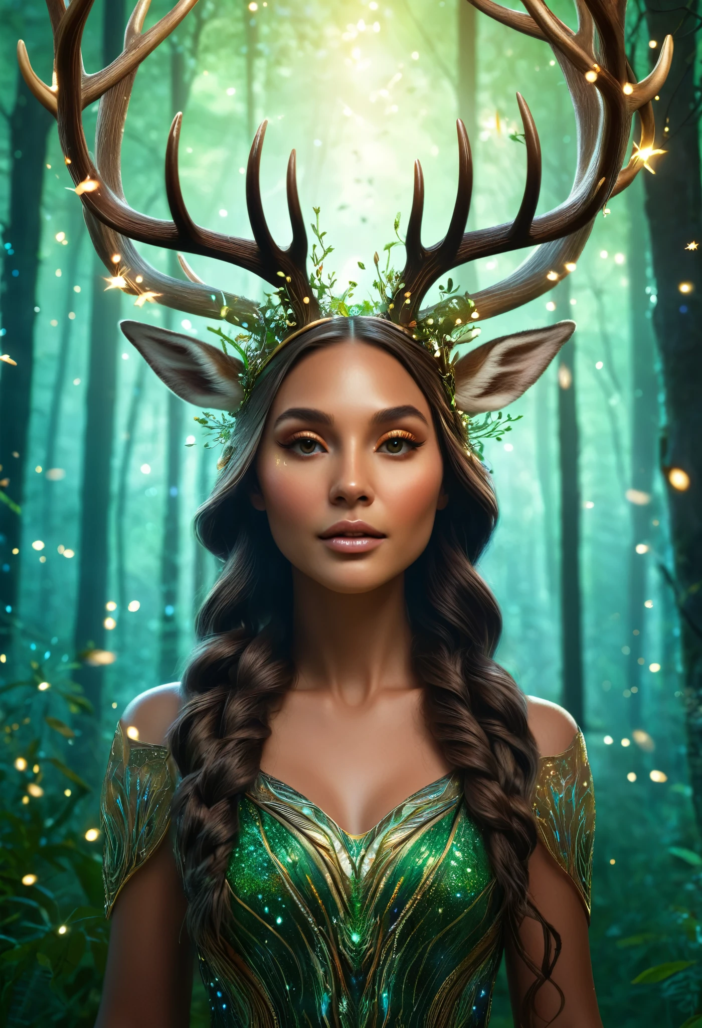 a nature goddess with large deer antlers on her head, surrounded by a forest filled with glowing fireflies, detailed facial features, photorealistic, cinematic lighting, 8k, high quality, intricate details, fantasy, magical, whimsical, ethereal atmosphere