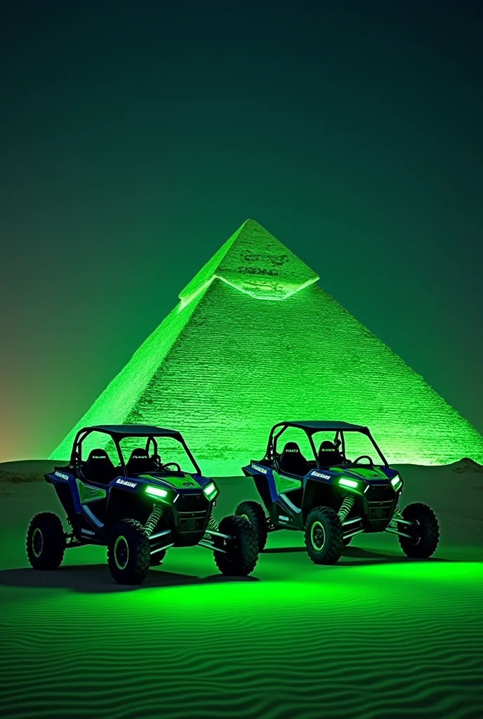 Two RZRs in Egypt in front of the Giza pyramid at night and all with green neon lights