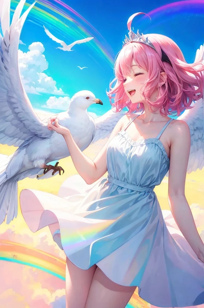 1girl, Pink hair, twintails, short hair, horse ears, tiara, pink eyes, 
masterpiece, (best quality), (extremely detailed:1.4), (highres:1.4), super fine Illustration, 
(big gull), 1girl and 1gull, (from side), frying (with gull), (hand to the big gull), talking to the gull, looking at the gull, eye contact to the gull, playing with gull, beautifull sky, cloud, morning glow, looking up, closeup, 
angel wings, shiny skin, shiny hair, floating hair, floating clothes, bloom, smile, open mouth, closed eyes, happy, bareshoulder, white sundress, 
watercolor (medium), soft pastel color, dutch angle, colorful background, rainbow background,