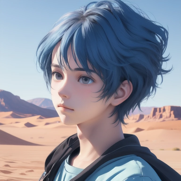 Beautifully drawn, high quality, highly detailed computer illustration of a young man with a serene expression, looks into the distance, his striking light blue hair flutters softly in the desert wind. The landscape behind him is vast and breathtaking.., engaging viewers in a world of wonder and exploration.