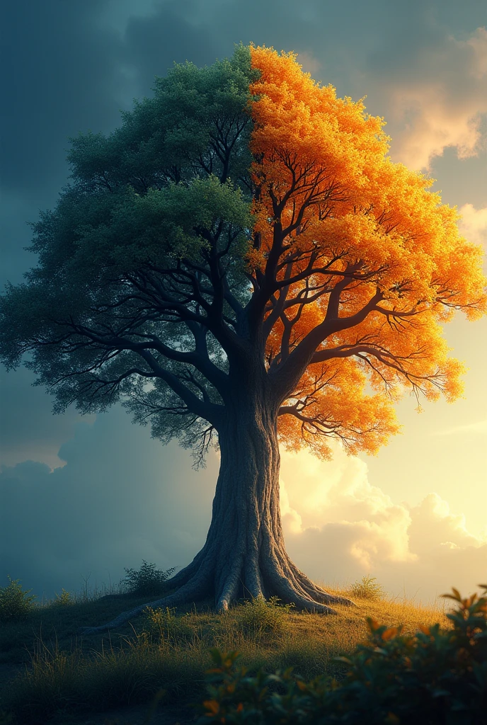 A tree with one part in darkness and the other in day One side with night and the other with day