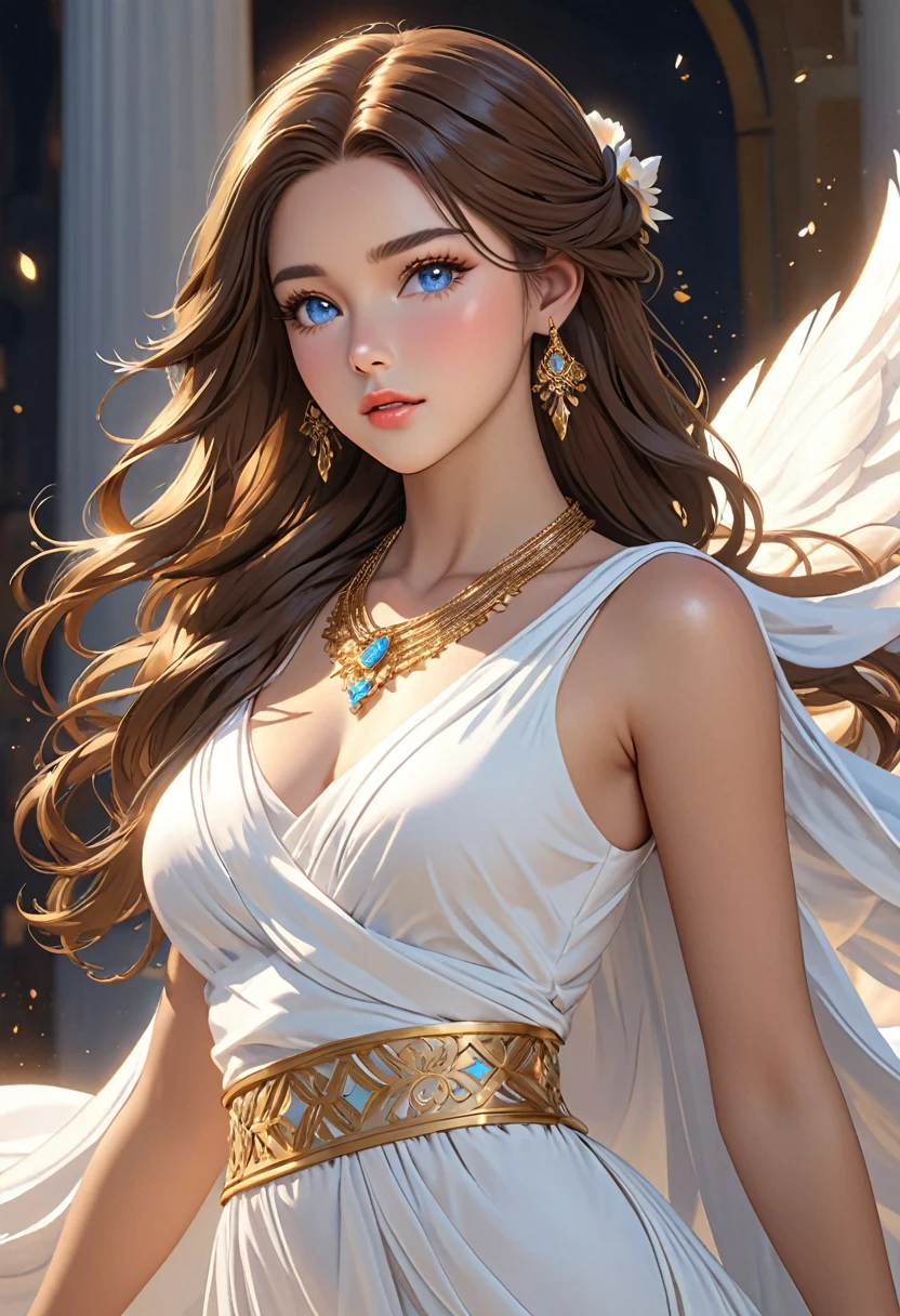 ((best quality)), ((artwork)), ((extremely detailed face)), ((perfect lighting)), ((extremely detailed CG)), ((perfect hands, perfect anatomy)), Sex/Gender= Female
Aliases= Dawnstar, Your Grace, Princess
Age= 20
Pronouns= Her/She
Hair= Pure White, quite long, abundant
Eyes= Light blue, luminescent
Features= Lean, curvy, younger, exceedingly beautiful, delicate features, full lips, chocolate brown skin tone
Height= 5'5"
Clothing= Long sleeveless white dress greek style, wide gold necklace around her body to the waist.]
