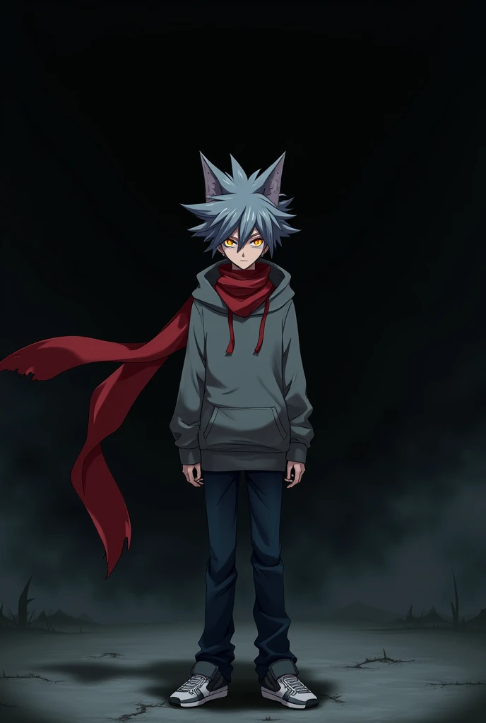 Anime pose, black void man, with orange hollow eyes, red scarf, gray hoodie, blue jeans, four hair spikes, male