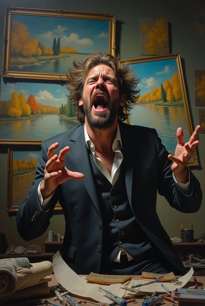 A picture of a man trying to resell a bunch of fake Monet paintings, but getting frustrated and losing his brain juice.