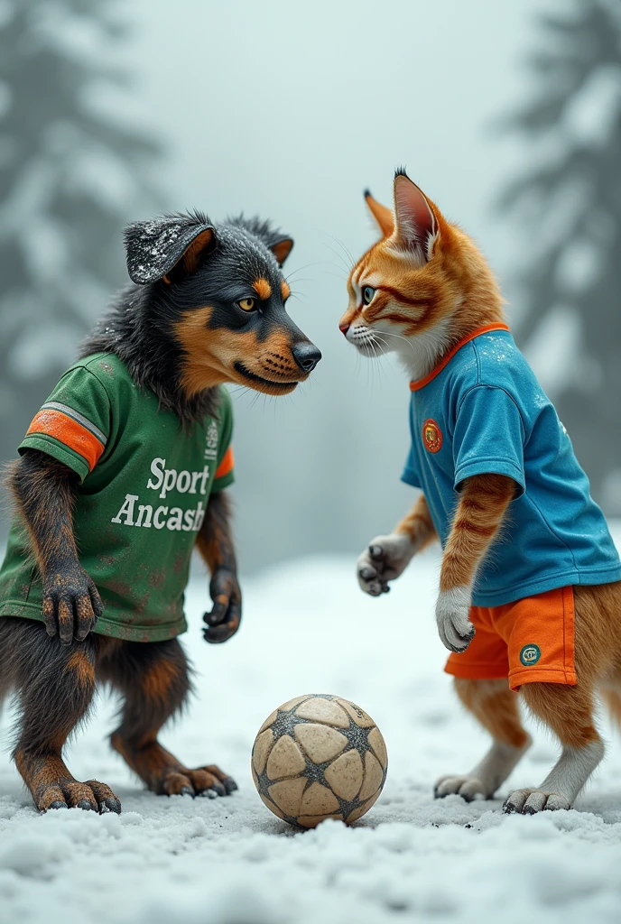 "A dirty, muddy dog who plays soccer, with a green shirt in the center that says 'Sport Ancash', faces an anthropomorphized cat wearing a blue t-shirt with orange details. They are in the realistic stage, with a snowy landscape in the background. both, of equal size, they look defiant, ready for confrontation. with a soccer ball