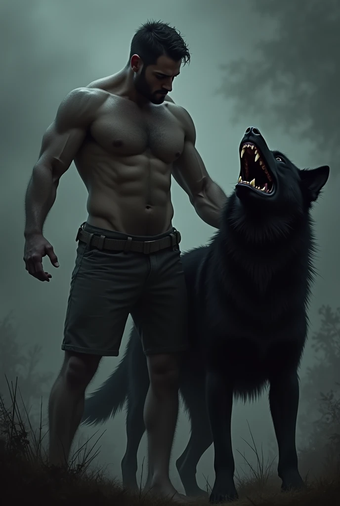 A shirtless man wearing only pants and you can't see his face with a scary black dog next to him