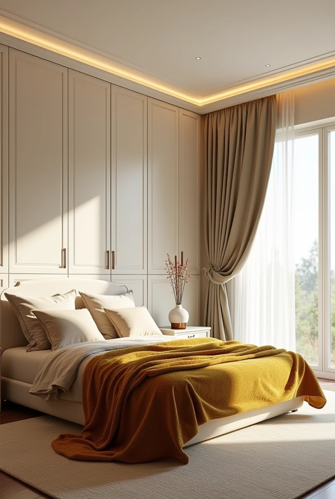 Professional 3d architecture rendering design of modern and gold French design for bedroom with light cream painting wall and light cream closet and modern bed with light moss and light thunder and light beige color tem and modern ceiling lighting and modern windows and beautiful curtains and beautiful and elegant dark gold blanket and light beige sheet