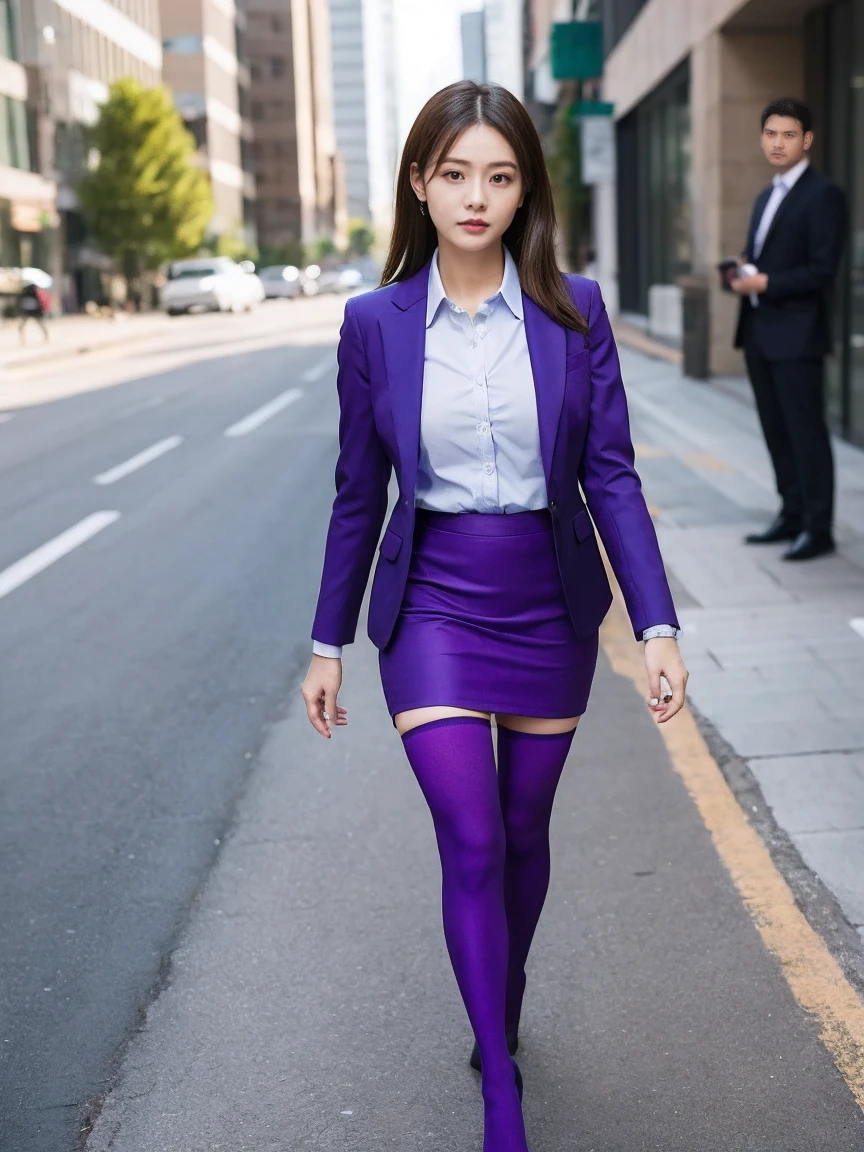 An Arafed woman in a purple suit and black stockings is walking down the sidewalk, Knee socks and skirt, Girl in suit, Girl in suit, Wearing a strict business suit, Dressed in a strict suit, Wearing a skirt and knee-high socks, Wear a business suit, Purple outfit, Office Clothes, Dress neatly, Wearing purple clothes, Wearing a jacket and skirt, Wearing a tight suit