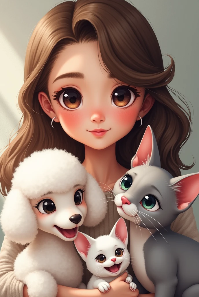 First put a 23 year old girl with brown wavy hair combed to one side, slightly broad forehead and large brown eyes, Medium mouth with the lower lip slightly larger than the upper lip, chubby with slightly pink cheeks and short neck, with a wide texture; Second, put a white but flat poodle with ears that go from white to very light brown.; Third, put a light gray cat with white that goes from the eyes like a line and expands throughout the snout., with a pink nose and not so clear green eyes; Fourth, put a small, short-haired, white Chihuahua with only one eye and a brown circle around the eye.