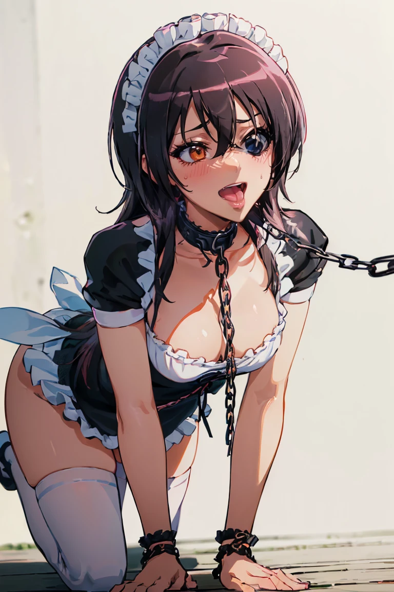 (Very detailed CG ユニティ 4k 壁紙),(masterpiece),(Highest quality),(Very detailed),(Best illustrations),(Best Shadow),(Absurd),(Detailed Background), Misaki Ayuzawa, One person, alone, Maid clothes, Day, Black Hair, Long Hair (((black blindfold))), (((Chain Lead、Animal Collars, chain leash, collar, viewer holding leash, medium breasts, On all fours, Put your hands together))), (((open mouth, tongue out, stick out tongue, long tongue, full face blush, sexual ecstasy smile, fucked silly, vulgarity))), perfect female body, maid headdress,