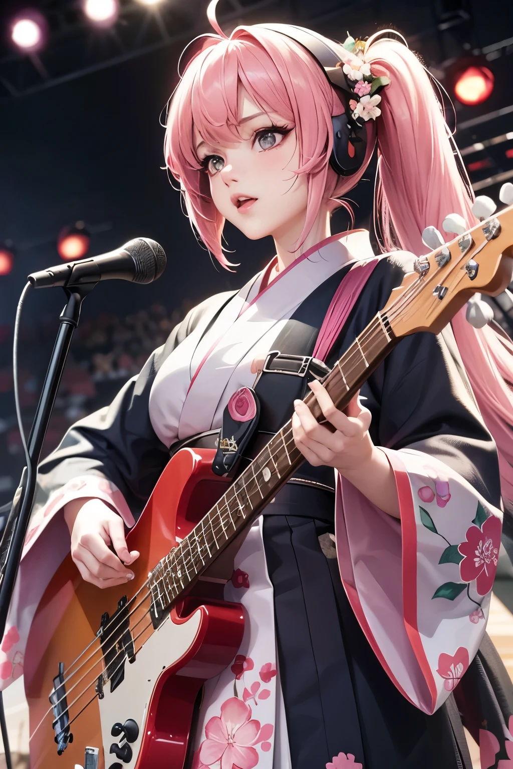 masterpiece, best quality, very detailed, high resolution, expensive resolution, high resolution, 4K, 8k, Unity 8k wallpaper, highly detailed CG, masterpiece, 2D, 3D, beautiful details, depth, fine texture, best quality: 1.3, perfect focus, crispy skin, he,
Very cute anime girl, girl playing baseguitar vocals in a band wearing a Japanese fancy floral haori hakama, on outdoor stage, full body, expensive pink twin tail hair, mole under eye, looking at the viewer, expensive, blush, mole, lips open, , heart choker, pink eyes, guitar vocals, stage,Full body of an anime girl with pink twin-tailed hair wearing a Japanese kimono and playing a bass guitar on stage at a cyberpunk festival