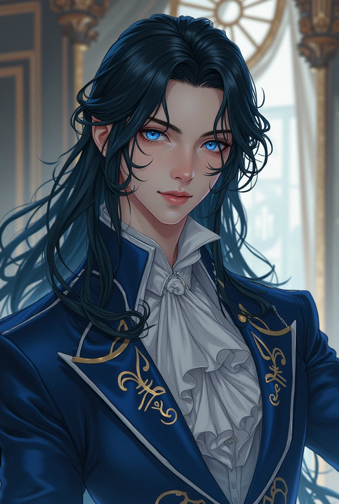 Anime Prince with long black hair and blue almond-shaped eyes. The Victorian era.