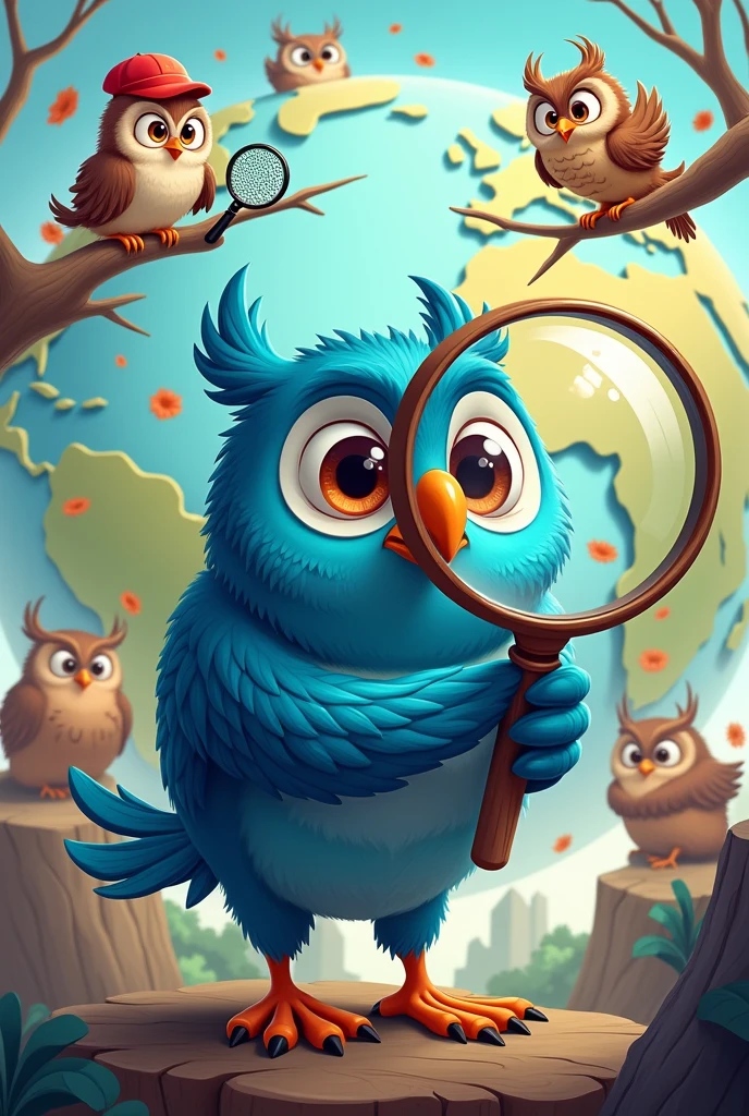 cartoon blue owl holding really big magnifyingn glass zoomed to the whole paper. one of the right eye is inside the magnifying glass less ai looking. with a globe in the background and surrounded by other owl. 2 owls doing sports, 2 others dping arts like painting and drawing