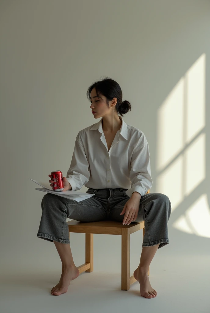 The model poses, sitting cross-legged on a chair, one hand holding a can and the other hand holding a document.