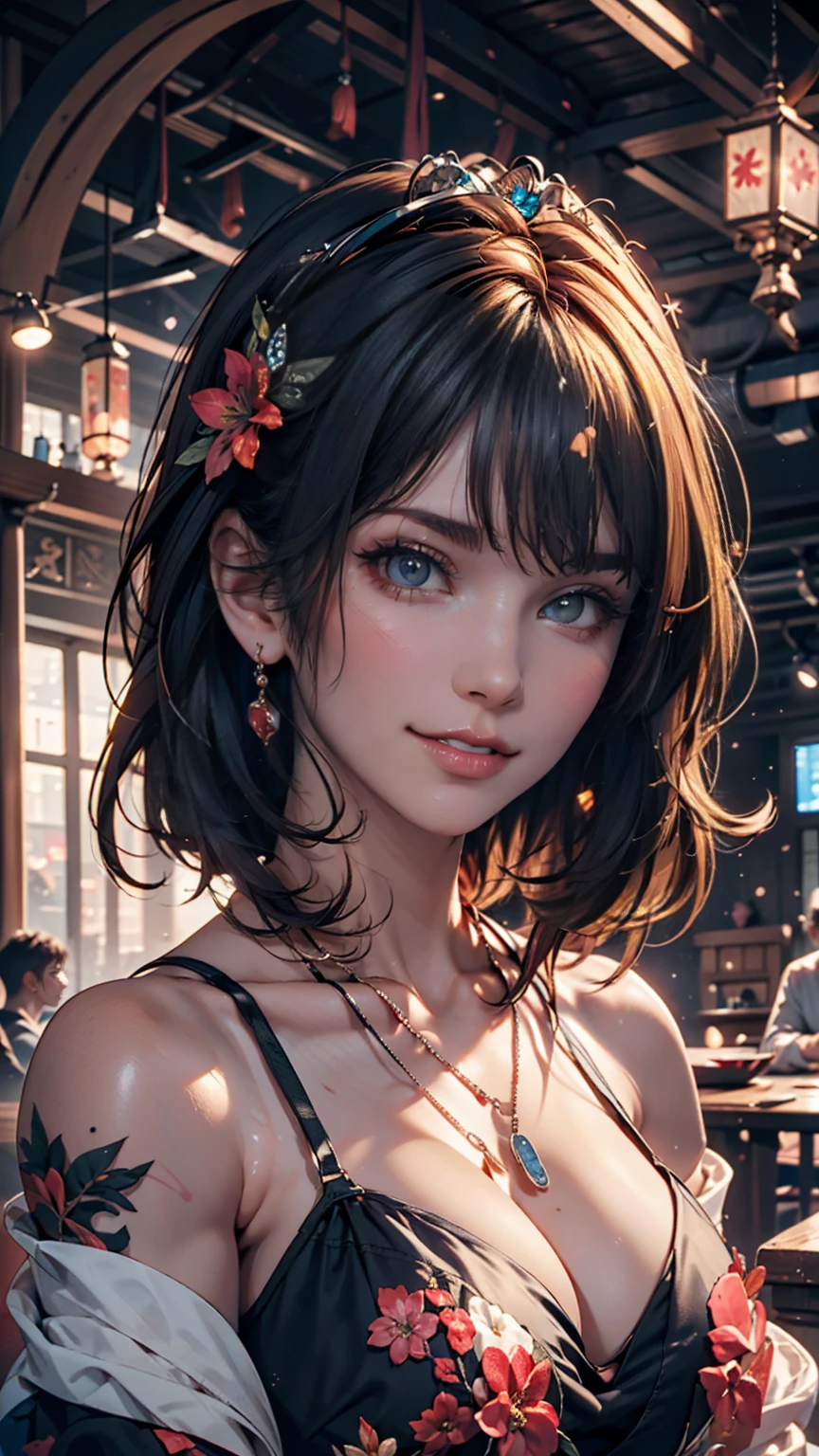 masterpiece, 最high quality, high quality, Very detailed CG uniform 8k wallpaper, One person, alone, Blue Hair, tattoo, short hair, Have, jewelry, smile, necklace, Looking at the audience, Have, Realistic, Upper Body, Best, nose, Exposing shoulders, artist name, Black tiara, clavicle, arm tattoo, blue eyes, lips, Blurry, oil, Award-winning photography, Bokeh, Depth of written boundary, High resolution, bloom, chromatic aberration, realism, Very detailed, artステーション 複雑, Attention to detail, dramatic, art:midjourney