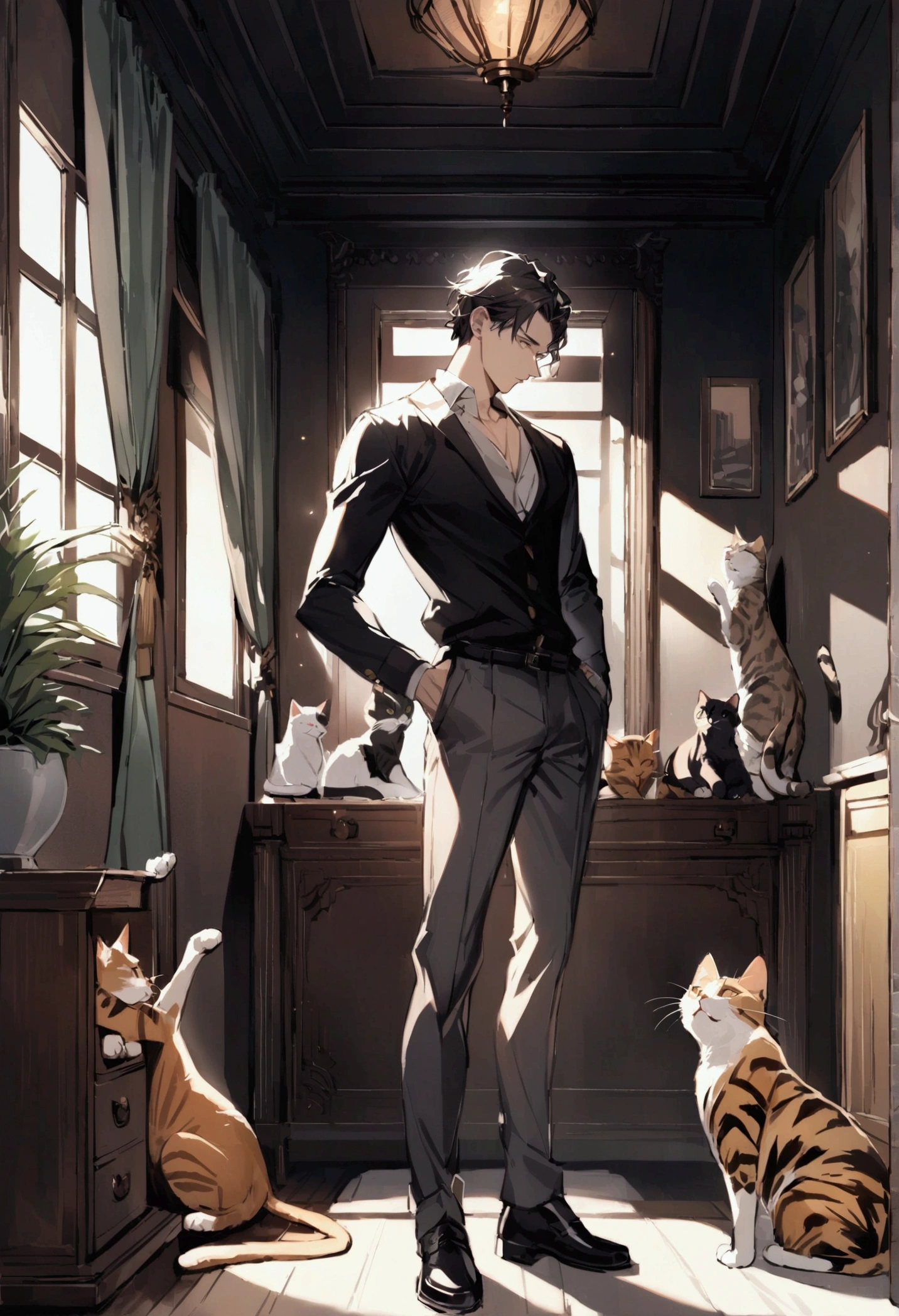 handsome young man in a dark bedroom with several cats