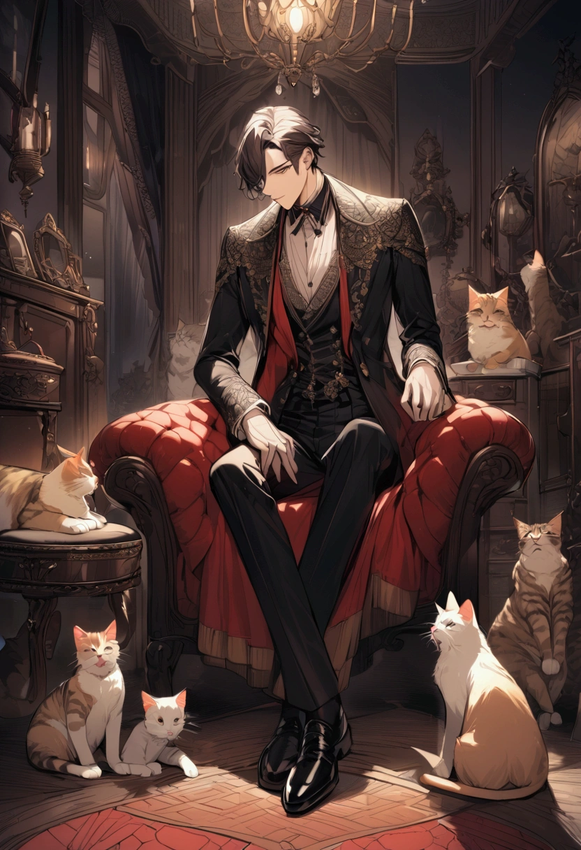 handsome young man in a dark bedroom with several cats