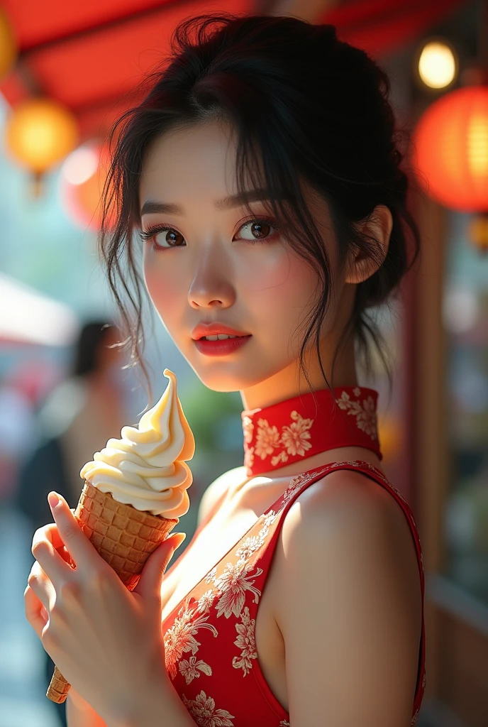 A Chinese model with sharp eyes and black hair, wearing a cheongsam and fair skin, is eating ice cream in Yaowarat.