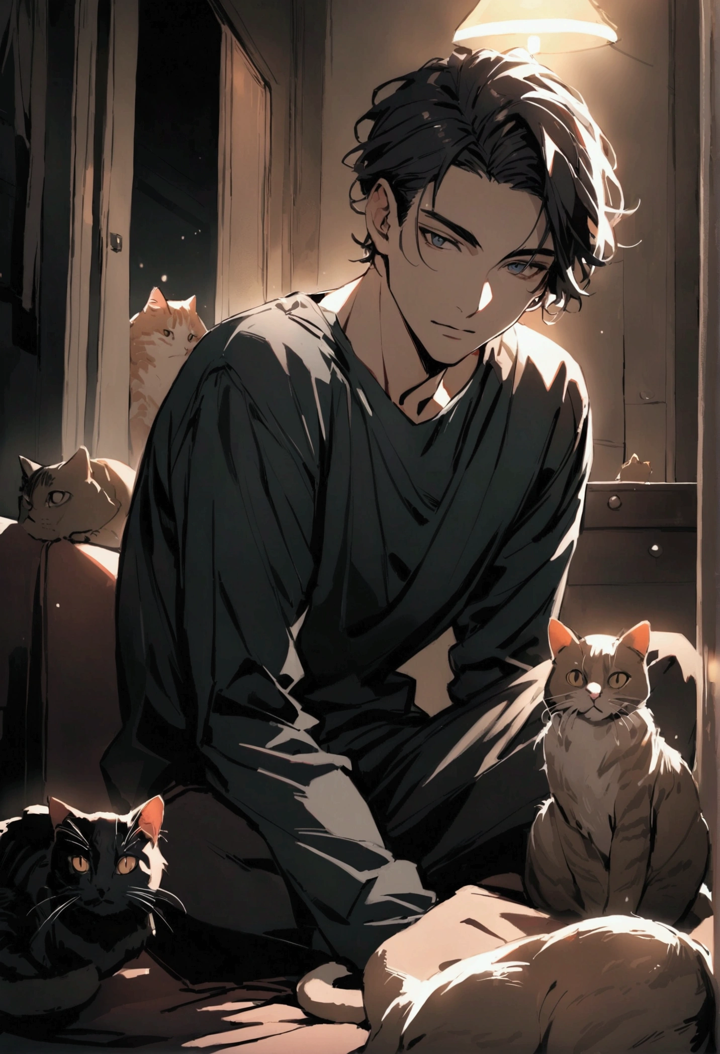 handsome young man in a dark bedroom with several cats