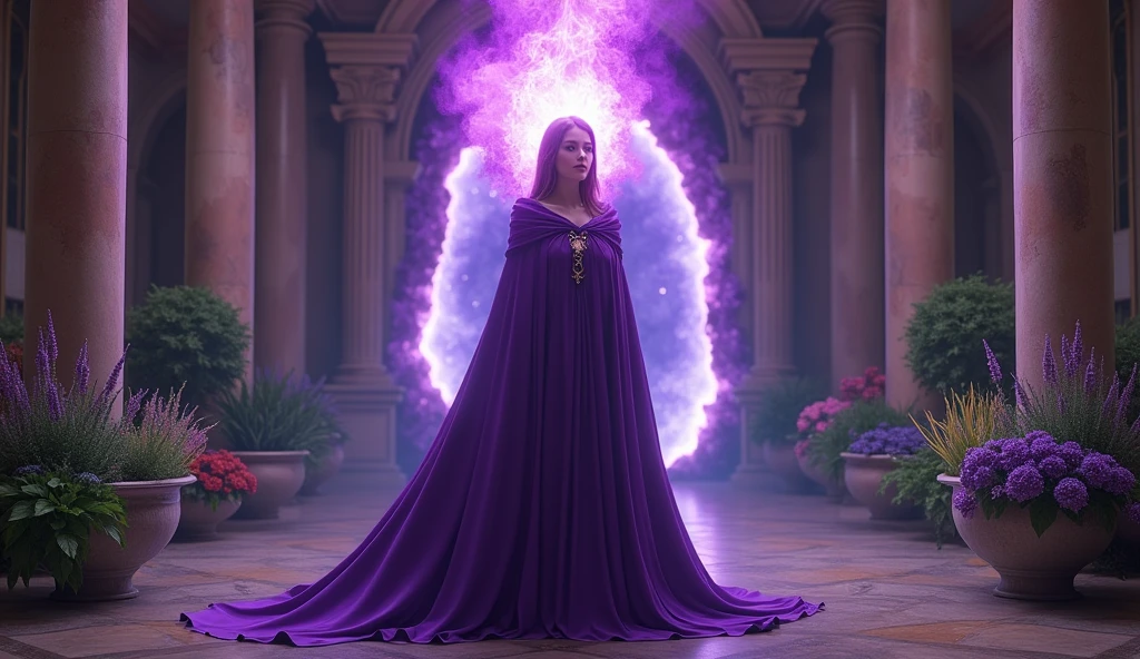 woman with STYLISH violet priestess cape, On top of your head, a large violet flame comes out of the crown, convey depth, in the background the hall of a house , pots with aromatic herbs, Lavender, mint and lots of big crystals, an amethyst cave in the house