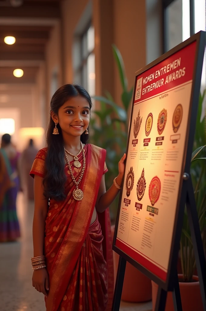 Create an image of indian girl cinimatic style and standing beside display board displaying women entrepreneur awards in 2024