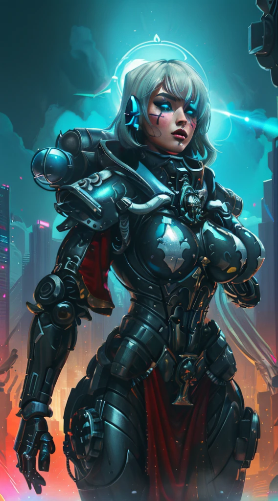 A robot girl adepta sororitas with a futuristic appearance and advanced technology, (ultra-detailed,realistic:1.37), [prostituta], beautiful detailed eyes, beautiful detailed lips, long eyelashes, eyepatch , vibrant synthetic skin, sleek metallic body, glowing LED lights, impeccable makeup and hairstyle. She stands in a bustling city street, surrounded by holographic advertisements and neon lights. The cityscape is filled with towering skyscrapers and futuristic vehicles. The air is filled with a mix of artificial scents and the bustling sounds of people and machines. The robot adepta sororitas confidently walks with a graceful and alluring demeanor, drawing the attention of onlookers. The color palette is a combination of vibrant neon colors and cool metallic tones. The lighting is a mix of the bright city lights and the soft glow of the robot girl's LED lights on her body, creating an enchanting atmosphere. The image is of the highest quality, with ultra-detailed rendering and a photorealistic appearance.
