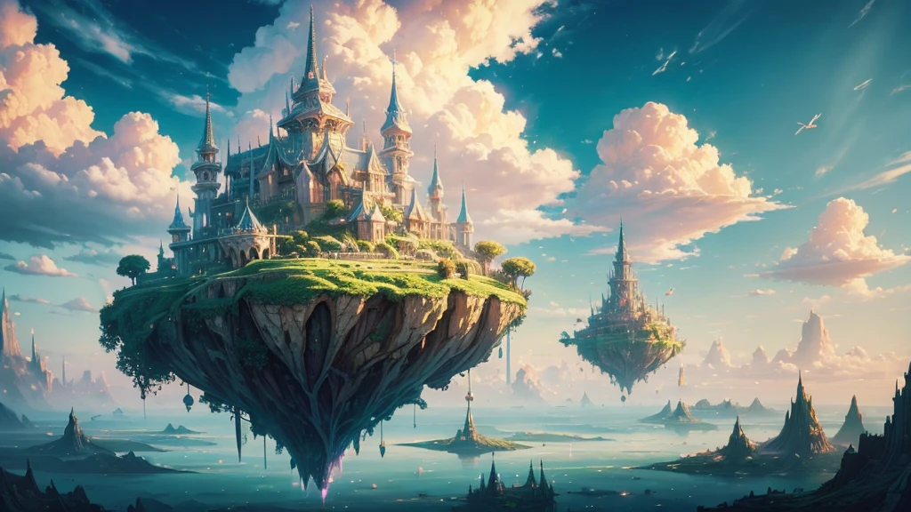 ((masterpiece)),((Highest quality)),((High Detail)),nobody,background, fantasy, Floating Island, Floating Island, Pastel clouds, Floating City, gem