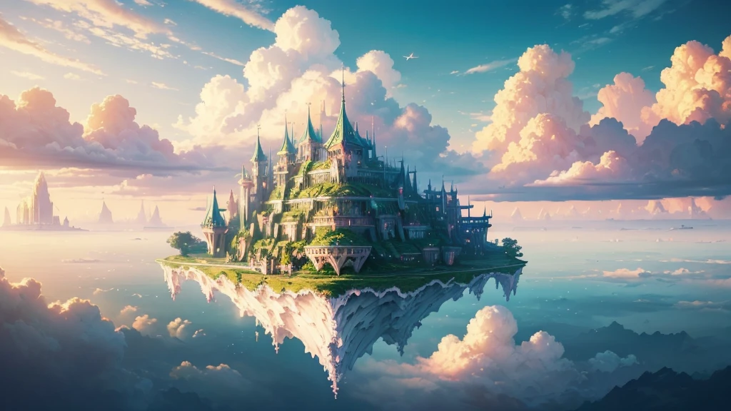 ((masterpiece)),((Highest quality)),((High Detail)),nobody,background, fantasy, Floating Island, Floating Island, Pastel clouds, Floating City, gem