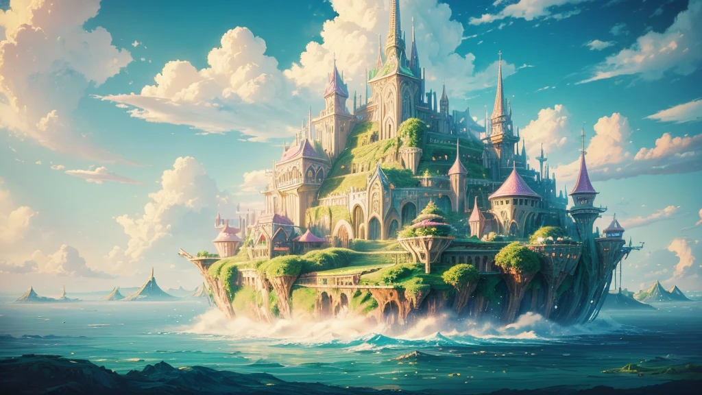 ((masterpiece)),((Highest quality)),((High Detail)),nobody,background, fantasy, Floating Island, Floating Island, Pastel clouds, Floating City, gem
