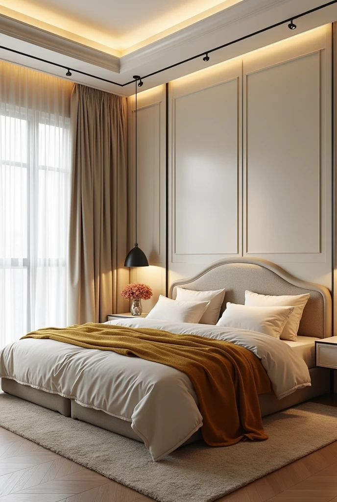 Professional 3d architecture rendering design of modern and gold French design for bedroom with light cream painting wall and light cream closet and modern bed with light moss and light thunder and light beige color tem and modern ceiling lighting and modern windows and beautiful curtains and beautiful and elegant dark gold blanket and light beige sheet